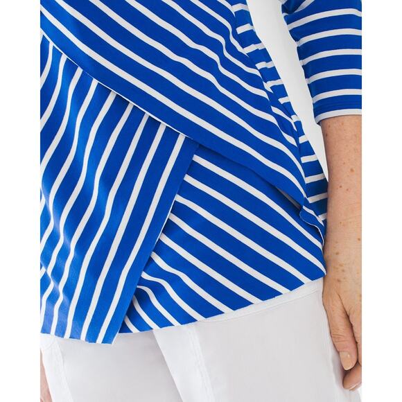 Chico's Womens Top Sz 1 M 8 Blue White Miraculous Stripe‎ Tiered Knit - Picture 4 of 13